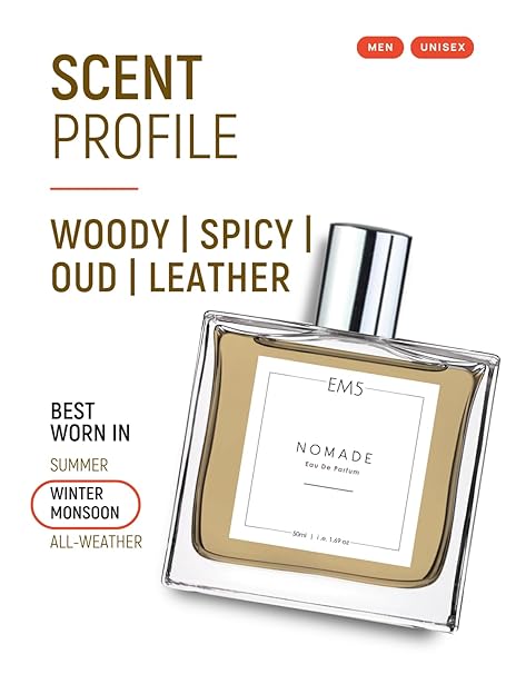 EM5 Nomade Perfume for Him/Her | Amber Oud Smoky leather Accords | Unisex Perfume Spray for Men & Women | Strong & Long Lasting Fragrance | Gift for Him & Her | 50ml