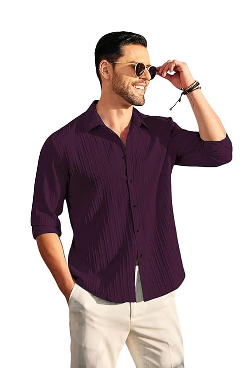 DEELMO Men's Casual Button Down Shirts Long Sleeve Linen Shirt Fashion Textured Beach Summer Shirt
