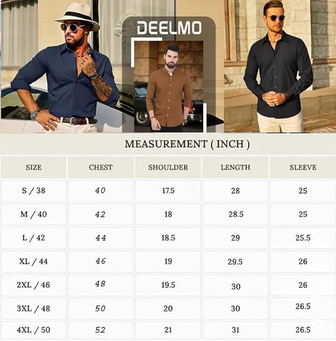 DEELMO Men's Casual Button Down Shirts Long Sleeve Linen Shirt Fashion Textured Beach Summer Shirt