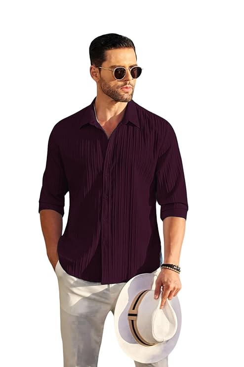 DEELMO Men's Casual Button Down Shirts Long Sleeve Linen Shirt Fashion Textured Beach Summer Shirt