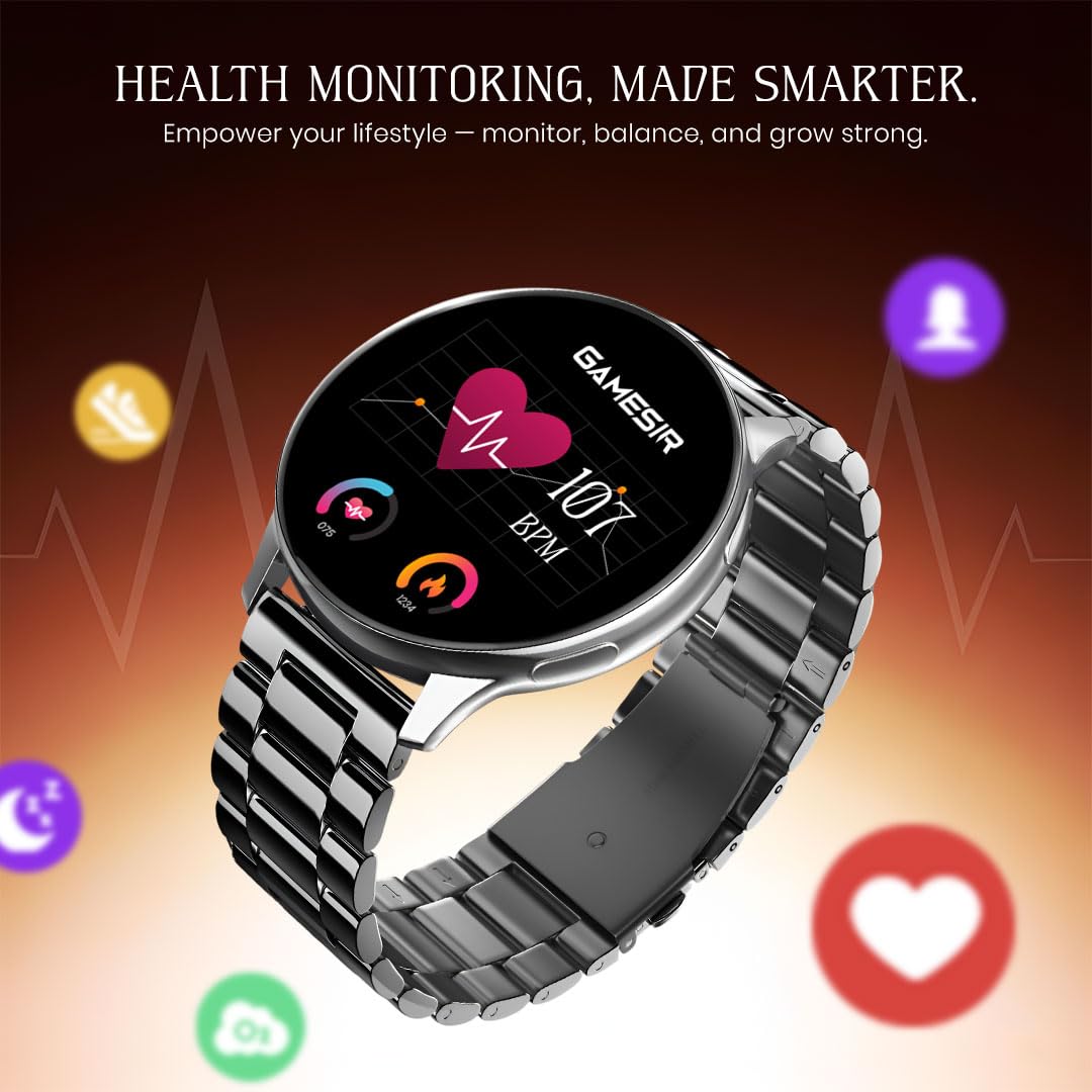 GameSir Active 2 Smart Watch AMOLED Display 1.3" Screen, 360 * 360 Resolution, IP68 Waterproof with Multiple Watch Faces Bluetooth Calling Metal Chain Round Dial Smartwatch for Men & Women (Black)