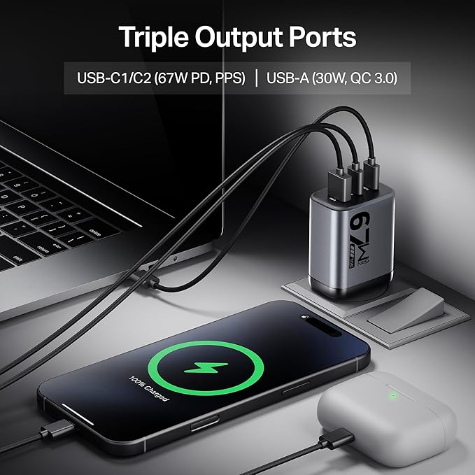 Boat 67W GaN Laptop Charger, Ultra-Fast Triple Port Fast Charging, Compact & Lightweight, Supports iPhone, ipad, Android, Laptops, Macbooks,HP, Dell, Lenovo, Asus, Tablet (for 65W Charging (Ash Grey)