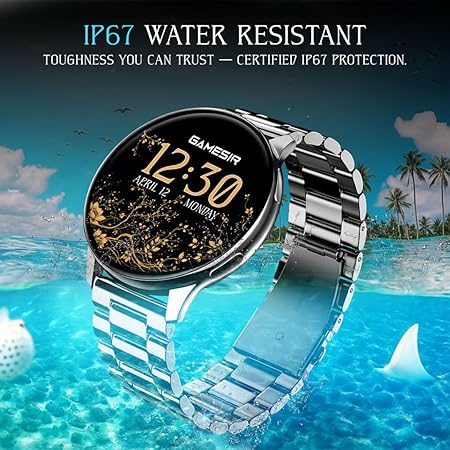 GameSir Active 2 Smart Watch AMOLED Display 1.3" Screen, 360 * 360 Resolution, IP68 Waterproof with Multiple Watch Faces Bluetooth Calling Metal Chain Round Dial Smartwatch for Men & Women (Black)