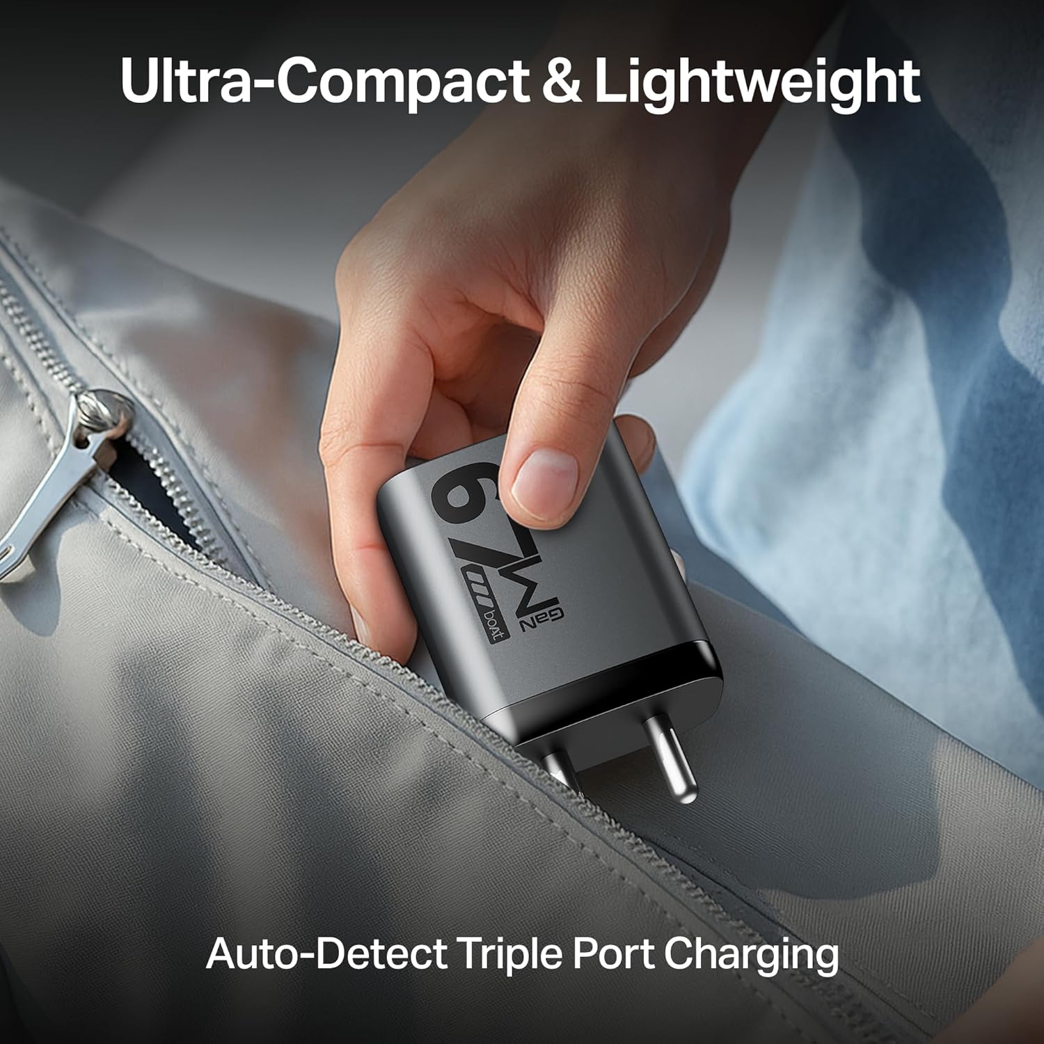 Boat 67W GaN Laptop Charger, Ultra-Fast Triple Port Fast Charging, Compact & Lightweight, Supports iPhone, ipad, Android, Laptops, Macbooks,HP, Dell, Lenovo, Asus, Tablet (for 65W Charging (Ash Grey)